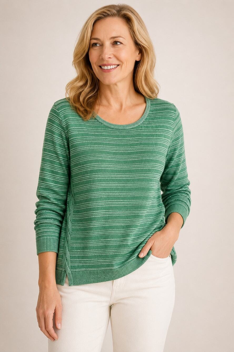 Soft Surroundings Green Striped Braided Side Sweater Top Size XL